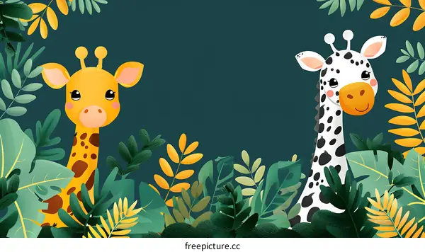 Cute Cartoon Giraffe Illustration with Green Leaves Background