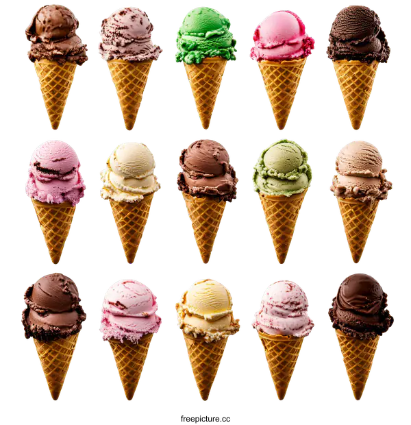 [Transparent Background PNG]Assorted Flavors of Ice Cream in Waffle Cones