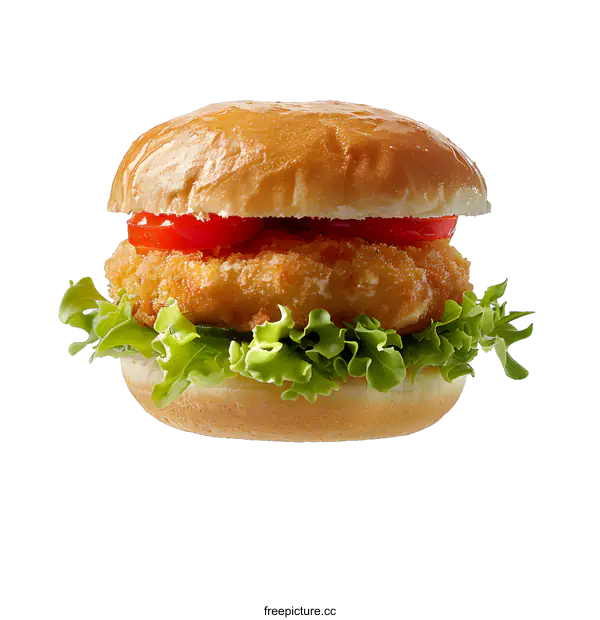 [Transparent Background PNG]A delicious-looking chicken sandwich with lettuce and tomato on a sesame seed bun