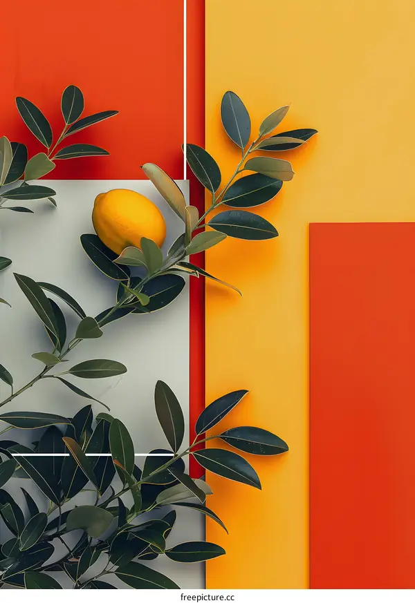 Lemon Branch with Green Leaves on Colorful Background