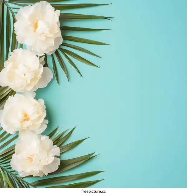 White Flowers and Palm Leaves on Blue Background