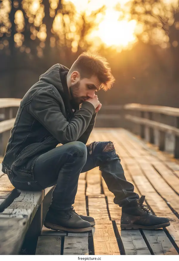 Man Sitting On Wooden Bridge At Sunset