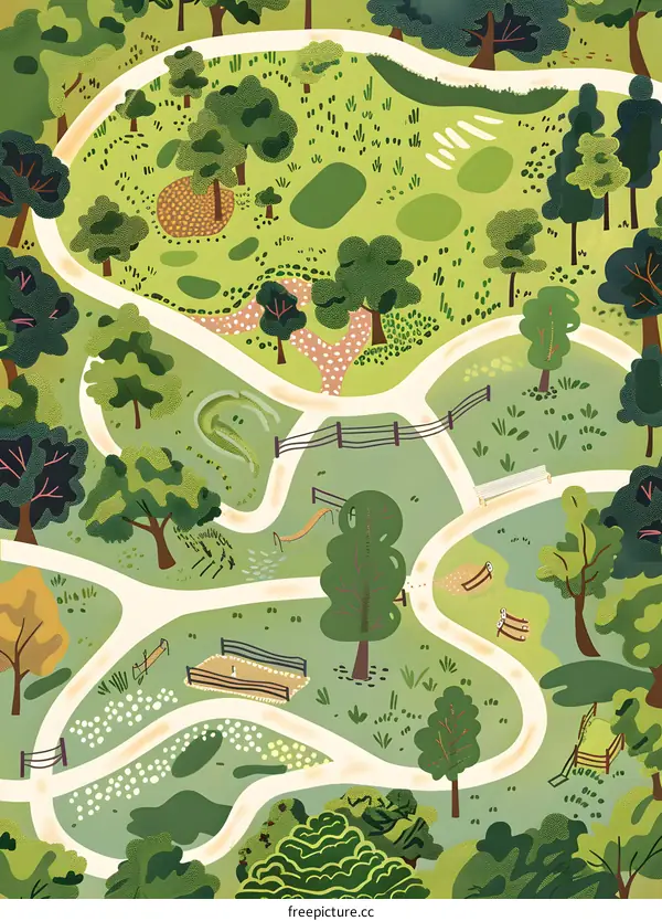 Colorful Illustration of a Winding Path Through a Lush Green Park