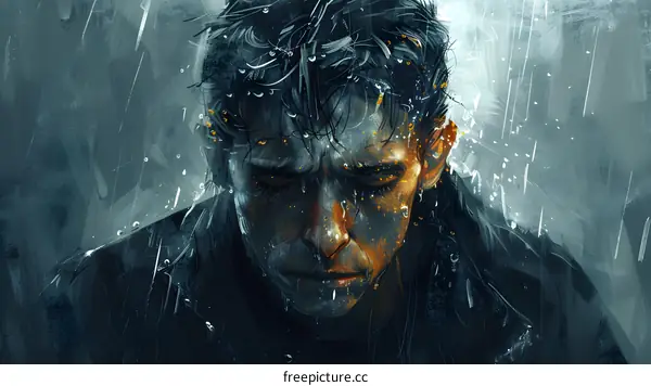 A man with closed eyes standing in the rain