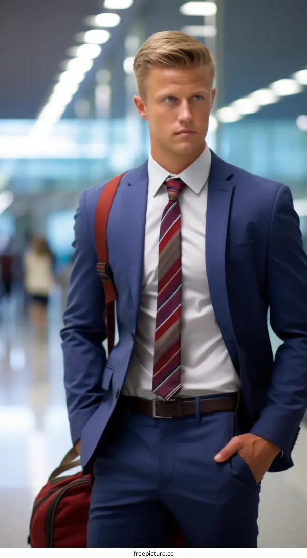 Businessman in a suit walking in an airport