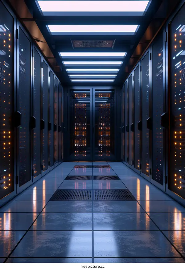 Futuristic technology server room with bright lights