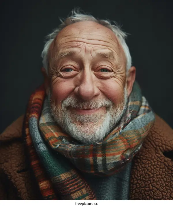 Portrait of a Smiling Senior Man with a Plaid Scarf
