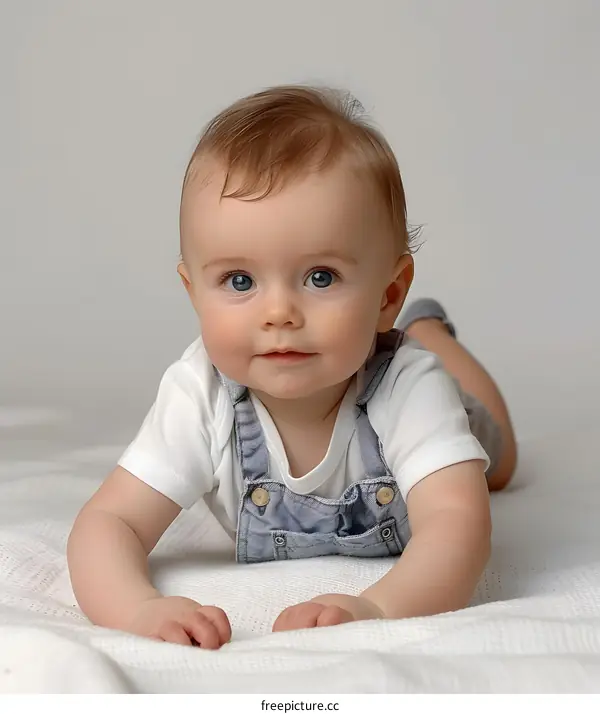 Cute Baby Boy in White Shirt and Blue Overalls