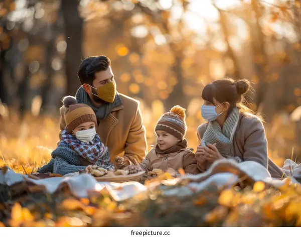 Family wearing protective face masks during COVID-19 pandemic