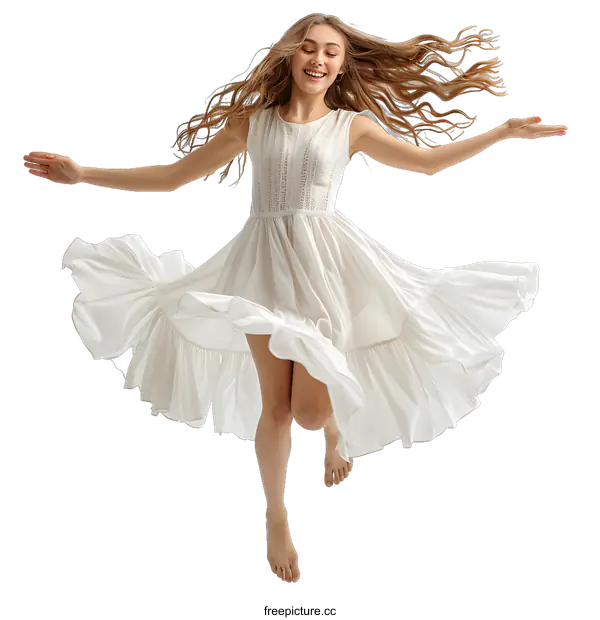 [Transparent Background PNG]Young beautiful happy smiling woman in white dress jumping and dancing on white background