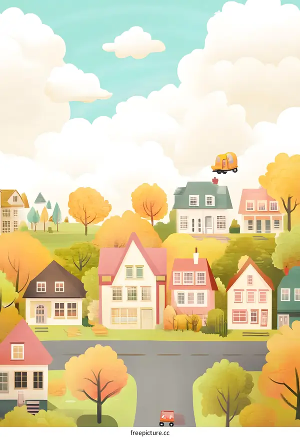 Autumn Village Illustration with Flying Car