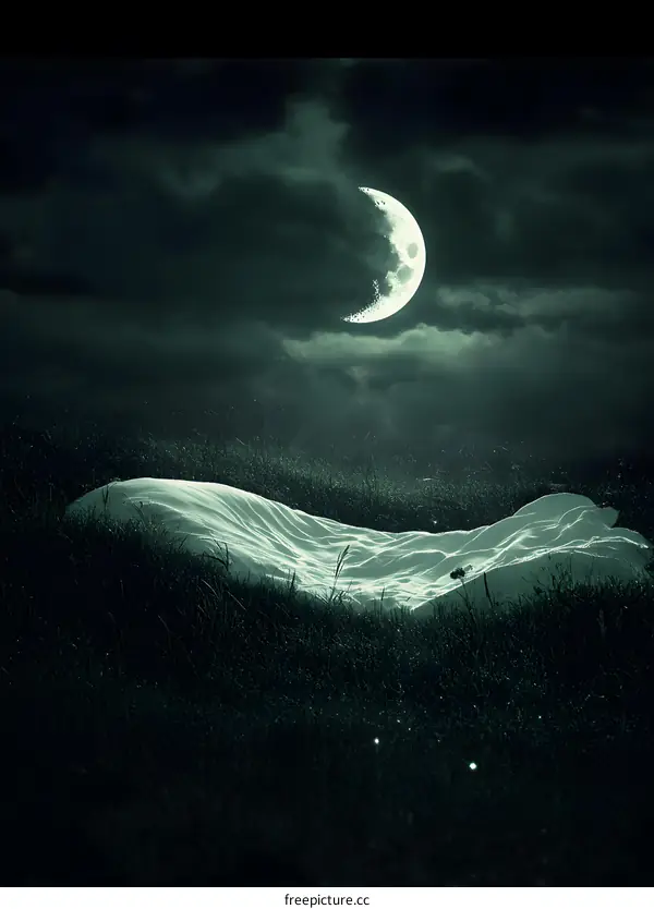 Crescent Moon Over Field With White Blanket
