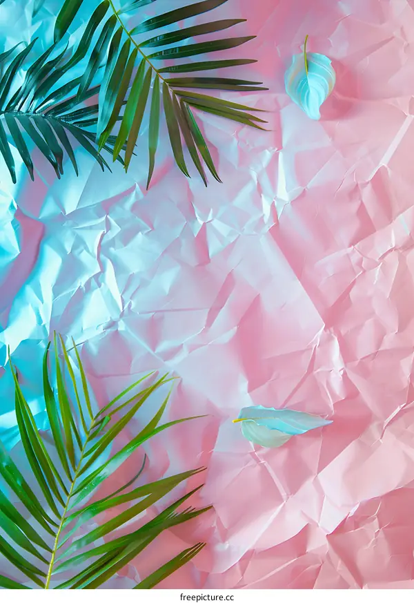 Tropical Leaves on Pink and Blue Creased Paper Background