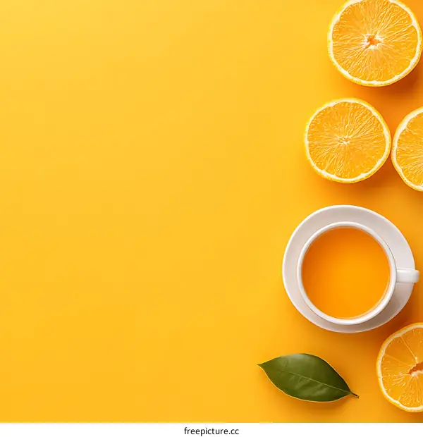 Orange Juice with Orange Slices on Yellow Background