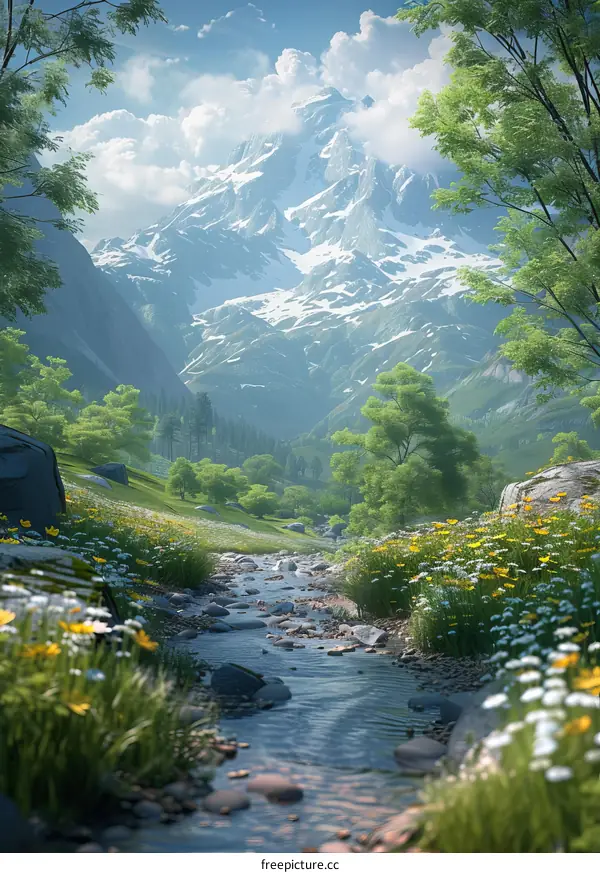 Majestic Mountain Landscape with River and Wildflowers
