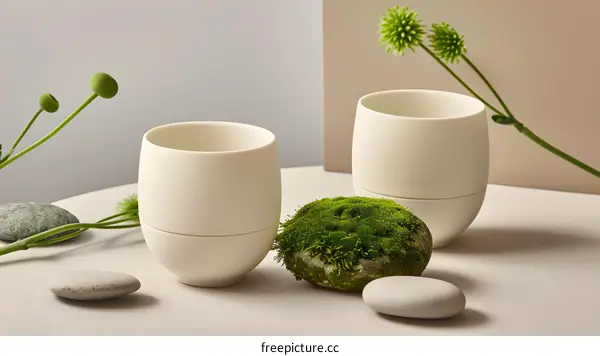 Minimalist Ceramic Cups with Moss and Stones on a White Surface