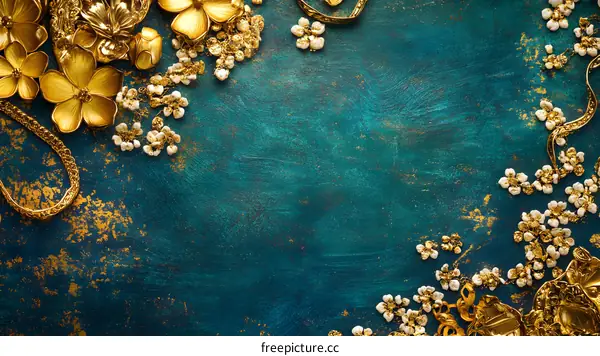 Gold and White Flowers on Teal Background