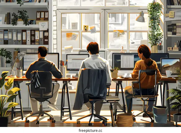 Three people working in an office