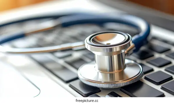 Medical Stethoscope on a Laptop Keyboard