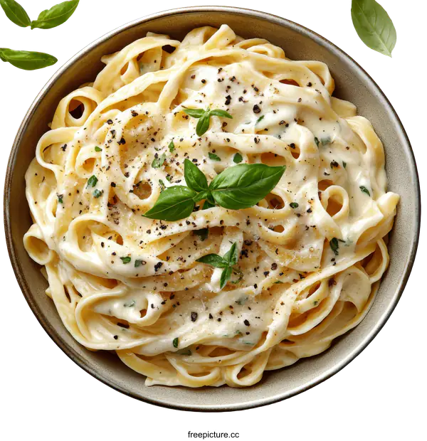 [Transparent Background PNG]Creamy Fettuccine Pasta Dish with Basil