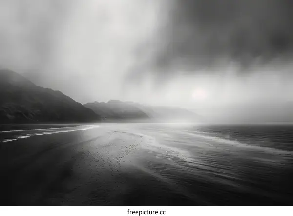 Black and white photo of a beach with dark clouds