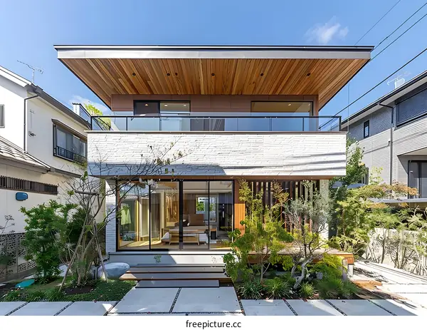 Modern Japanese House with Wooden Roof and Stone Wall
