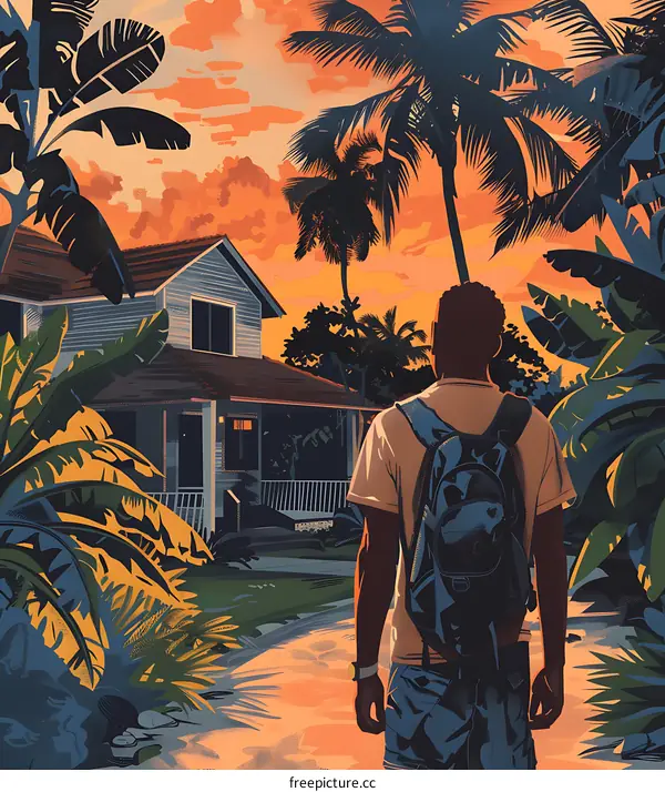 Man Walking Away From A House In The Sunset
