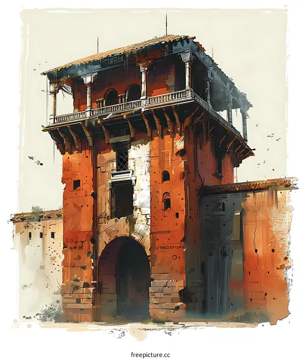 Ruined Roman Archway and Tower Watercolor Painting