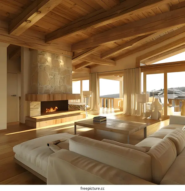Modern Rustic Living Room Interior Design with Fireplace and Wooden Beams
