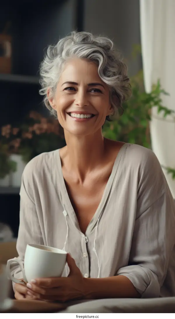 Portrait of a beautiful smiling woman with gray hair holding a cup of tea