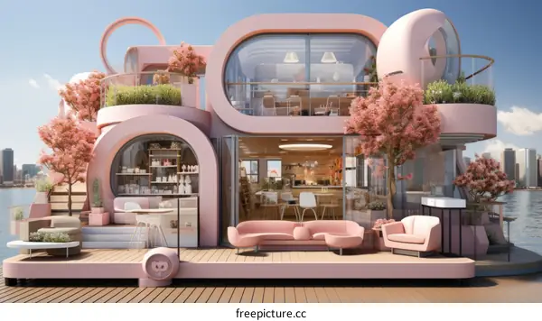 pink floating house with modern design and large windows