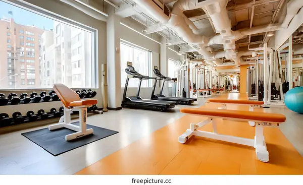Modern Fitness Center Interior with City View