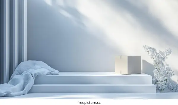 Pastel Blue Product Display with Soft Fabric and Flowers