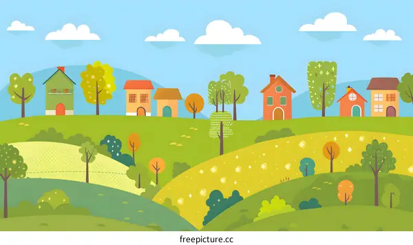 Cartoon Landscape with Green Hills and Houses