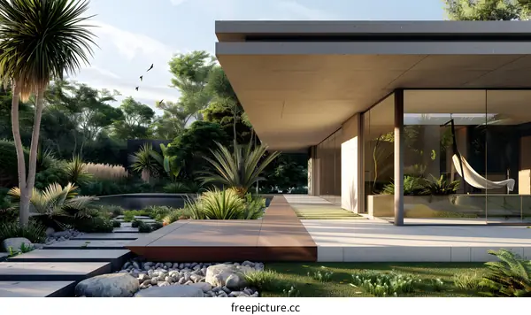 Modern Minimalist House With Patio And Lush Greenery