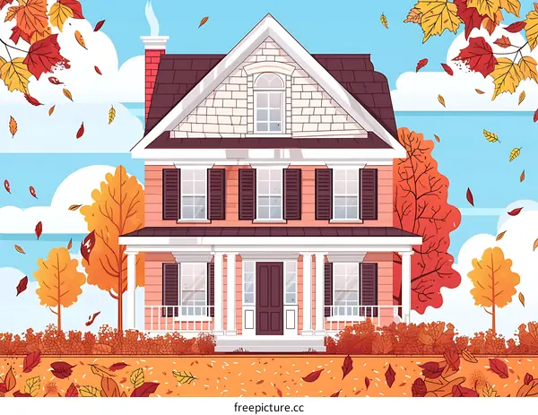 Fall Season House Illustration with Red and Yellow Leaves