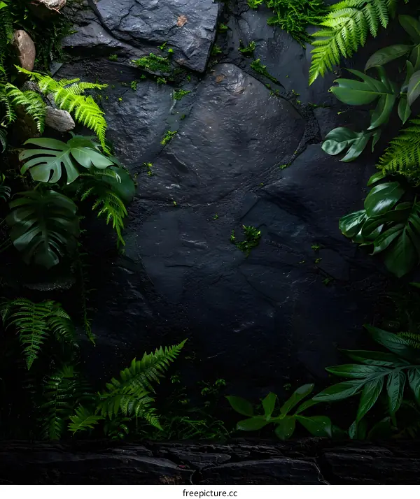 Dark Green Tropical Leaves on Black Stone Background