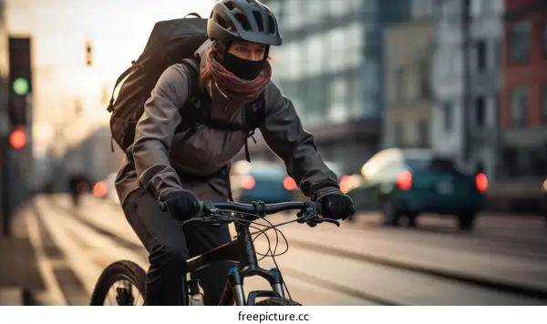 Cyclist wearing a helmet and a face mask rides a bike in the city