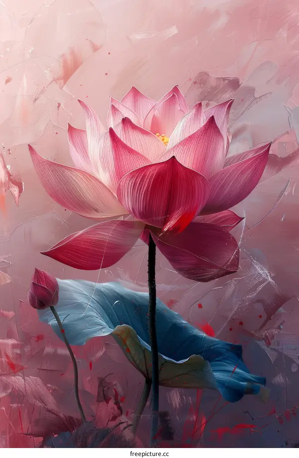 Pink lotus flower with green leaves on a pink background