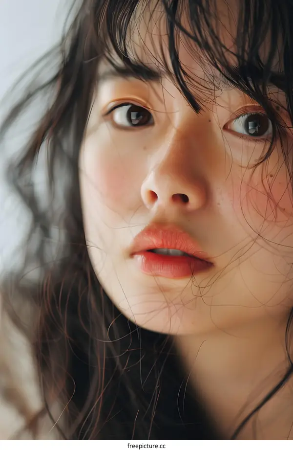 Closeup Portrait of a Young Woman with Long Black Hair