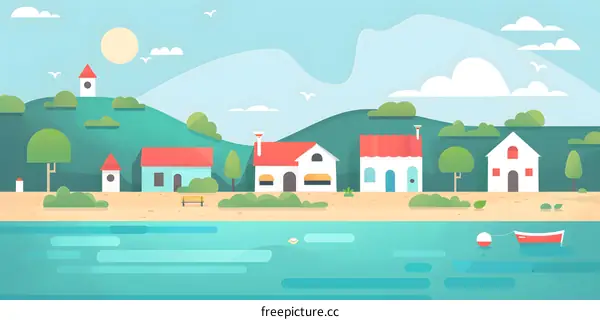 Cartoon Illustration of Village Houses on Coast With Blue Water
