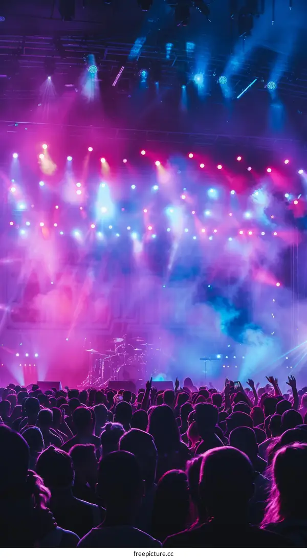 Purple and blue concert stage lights with crowd