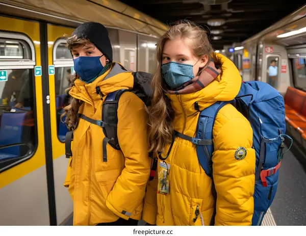 Two Travelers Wearing Face Masks On Subway