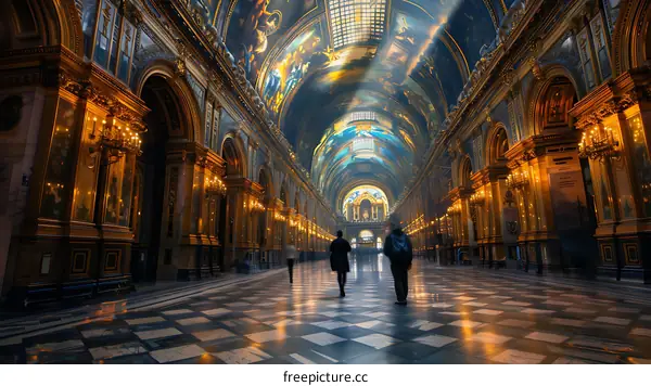 Grand Hall Interior With Light Rays Shining Through The Ceiling