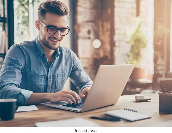Man Working On Laptop In Office