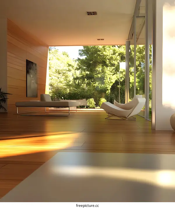 Modern Living Room With Wooden Floor And Large Window Overlooking Green Trees