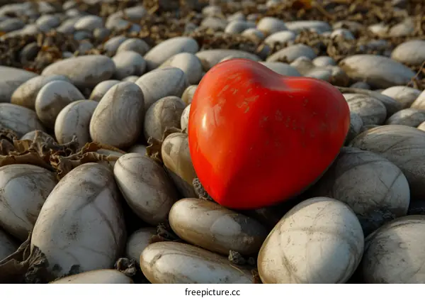 Red heart-shaped stone on a pile of pebbles