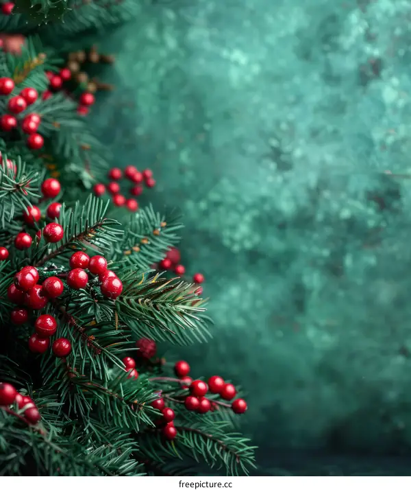 Festive Christmas Background with Fir Branches and Red Berries
