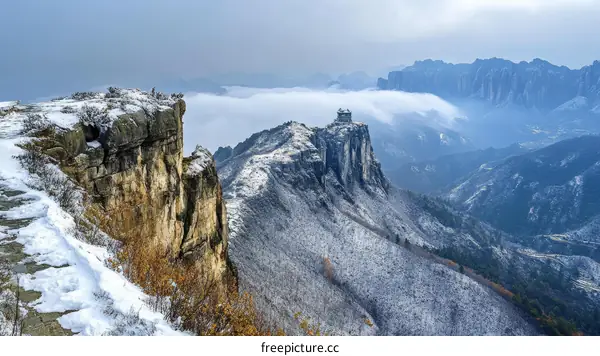 Winter Wonderland Mountaintop View with Snow-Covered Peaks