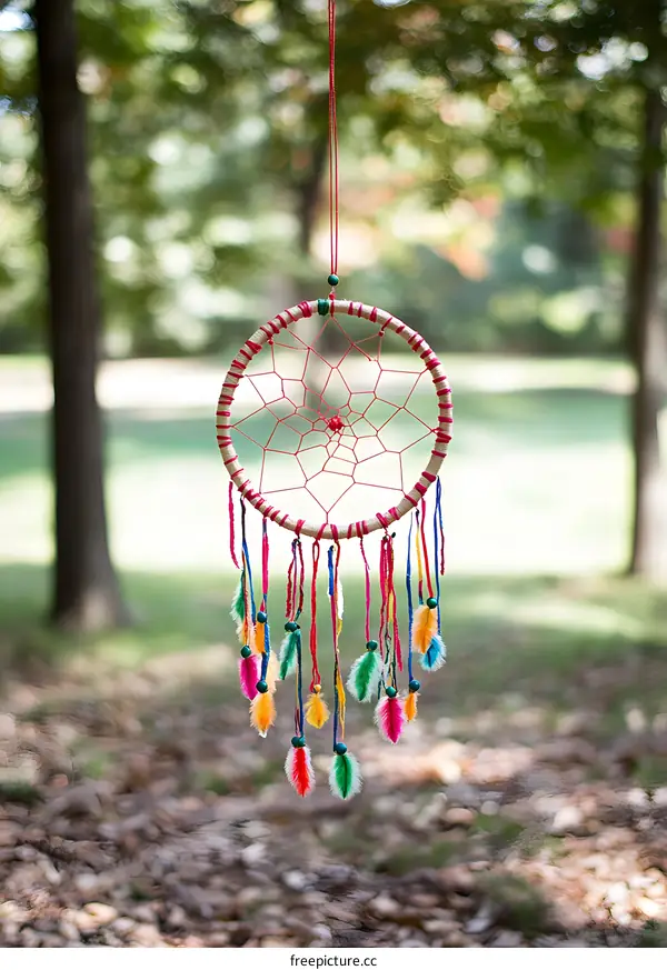 Colorful Dream Catcher Hanging From Tree Branch In Nature